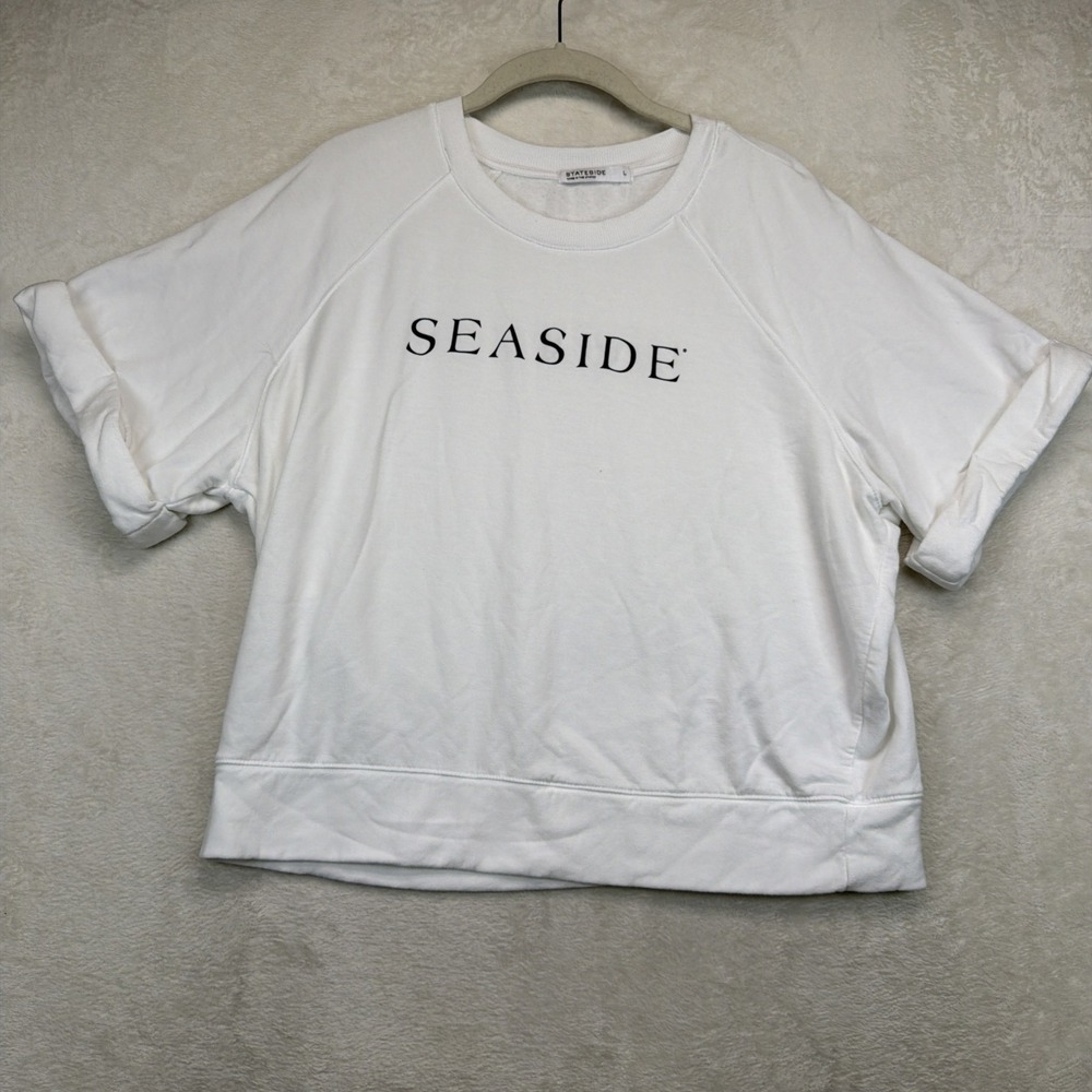 Stateside Seaside Short Sleeve Sweatshirt Women L White Boxy Crewneck Made USA
